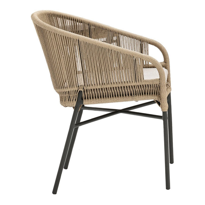 Beige woven rattan chair with a sleek black metal frame, featuring vertical and horizontal patterns for a modern look.