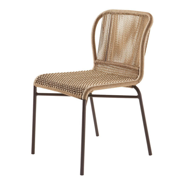 Natural beige rattan chair with a geometric woven pattern and black metal legs, perfect for indoor or outdoor use.