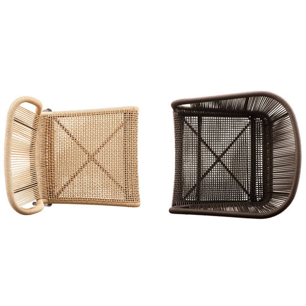 Natural woven beige and dark brown chairs with crosshatch patterns, showcasing contrasting colors and textures.