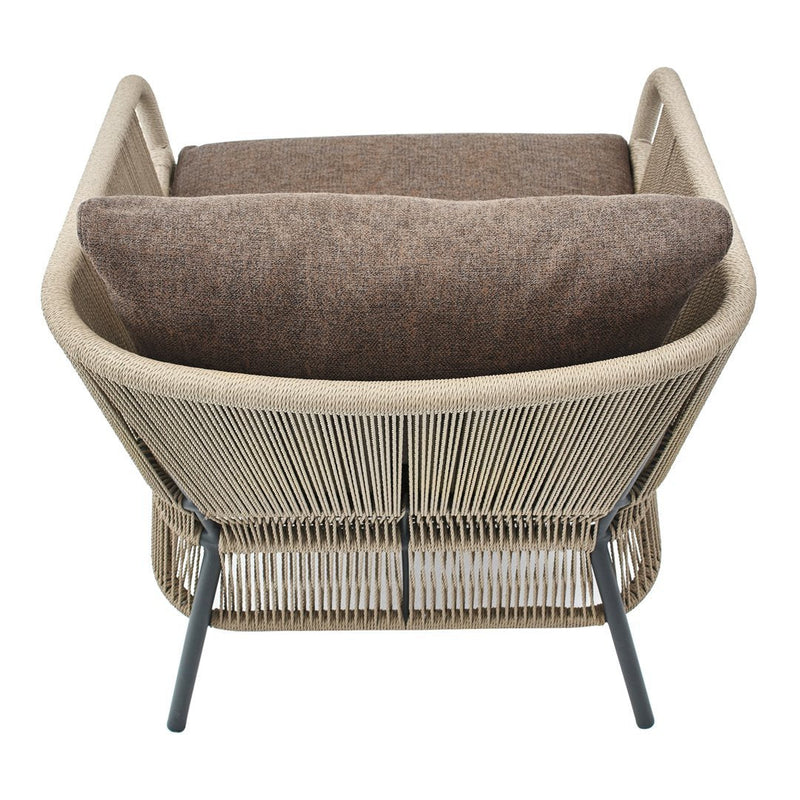 Beige wicker chair with brown cushions, featuring a modern geometric pattern and sleek black metal legs.