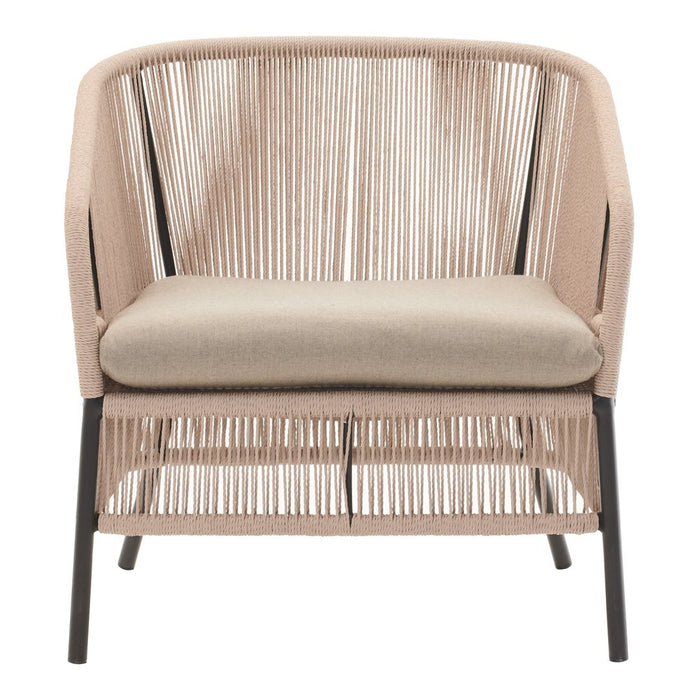 Beige woven chair with neutral cushion, featuring vertical strand pattern and black metal legs. Ideal for modern decor.