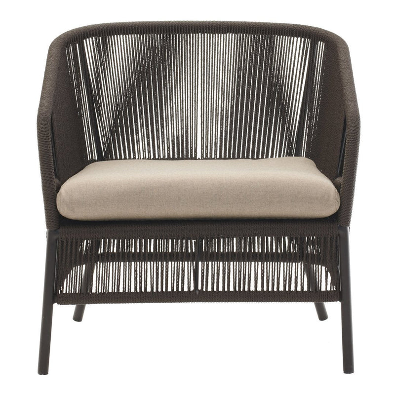 Brown woven chair with neutral beige cushion, featuring a unique linear pattern for a modern look.