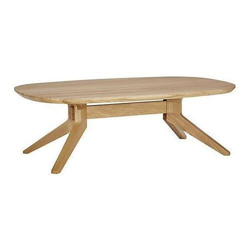 Natural light oak coffee table with a smooth, oval top and angled wooden legs. Minimalist design for modern decor.