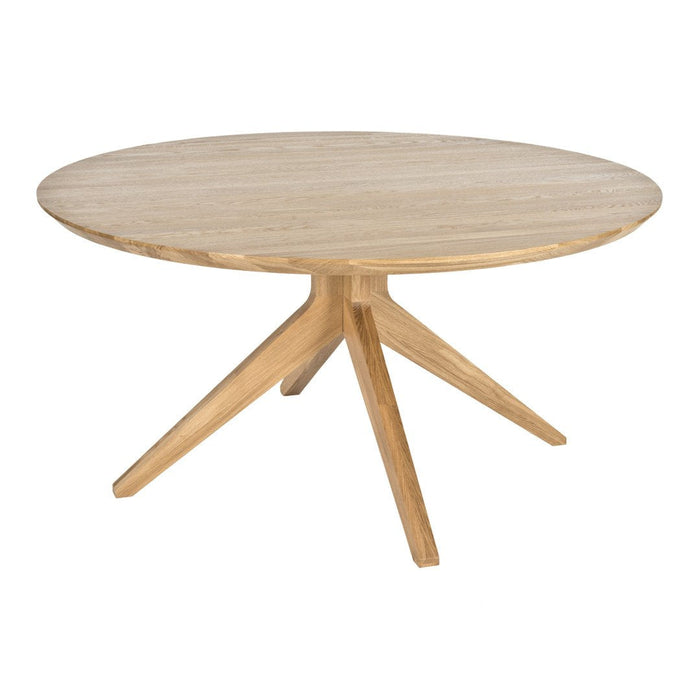 Round wooden dining table in natural light oak finish, featuring a simple, clean design. Perfect for modern decor.