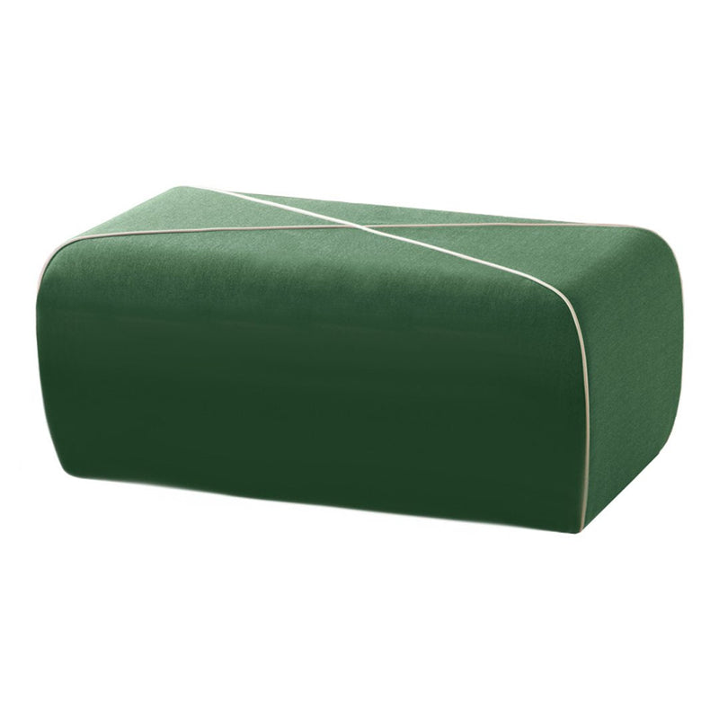 Green ottoman with a sleek design and contrasting white stitching detail. Perfect for modern decor.