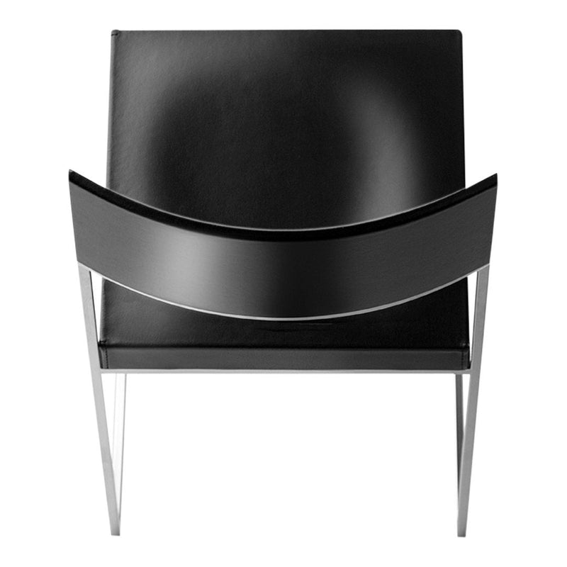 Black leather chair with a sleek, minimalist design and chrome accents, featuring smooth curves and sharp lines.