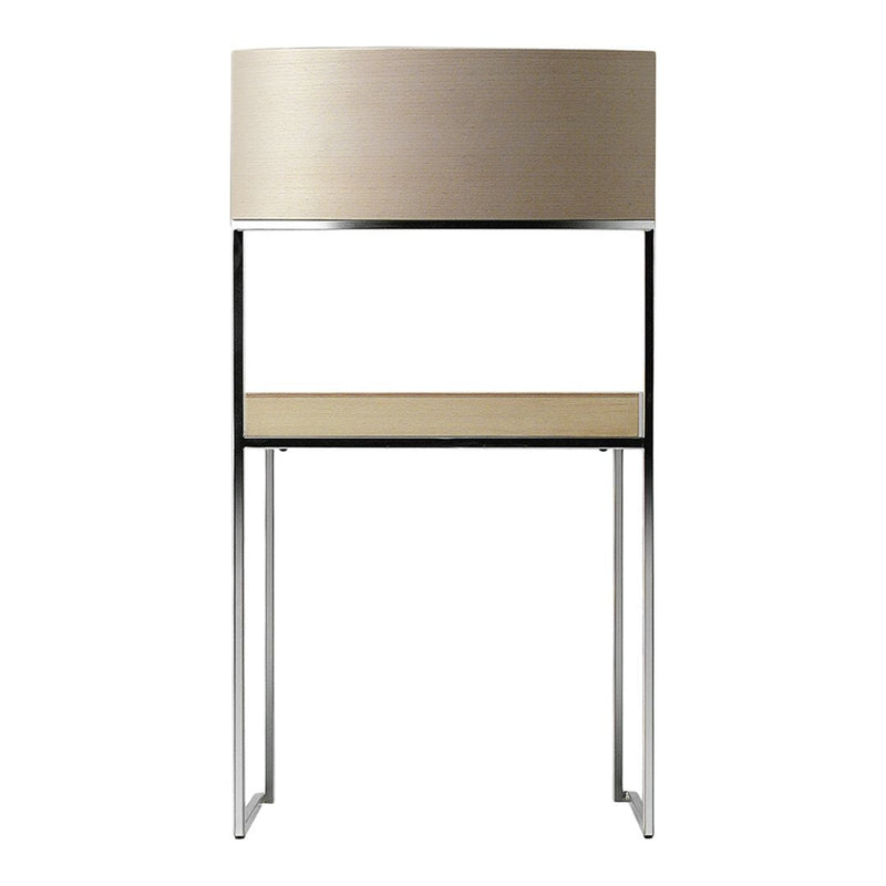 Modern table featuring a beige shade, light wood shelf, and sleek black metal frame. Ideal for contemporary decor.