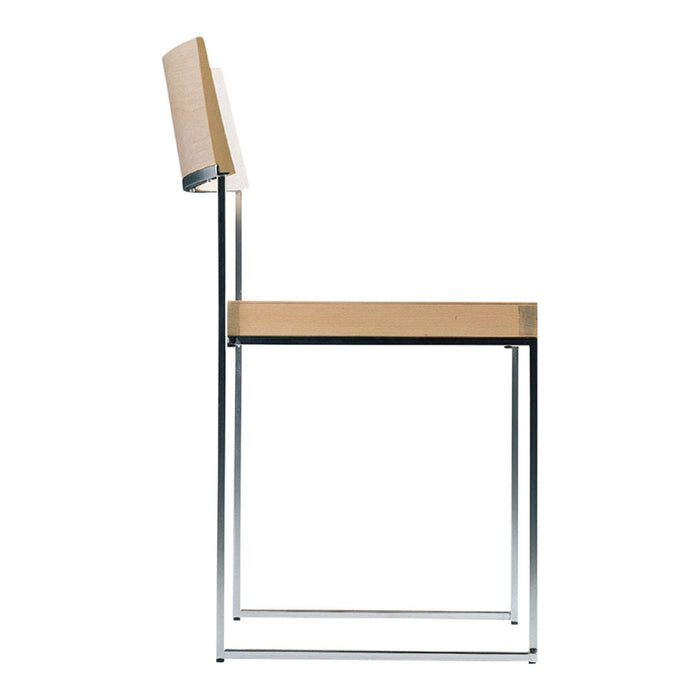 Modern chair featuring a natural wood seat, sleek chrome frame, and minimalist design for contemporary spaces.