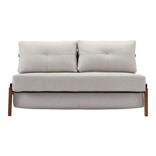 Light gray upholstered sofa with two tufted cushions and a sleek wooden base, perfect for modern interiors.