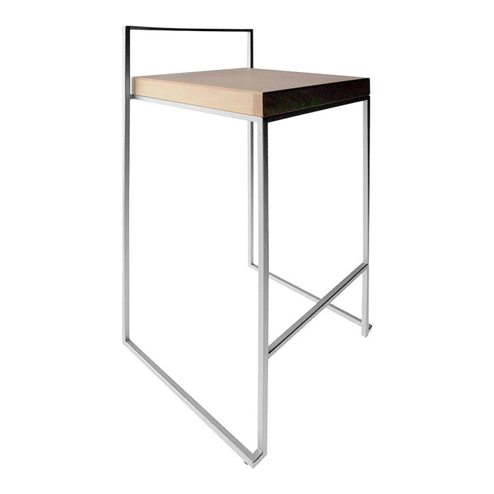 Modern bar stool with a light wood top and sleek chrome frame, featuring minimalist design and clean lines.