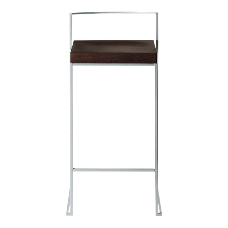 Modern bar stool featuring a dark wood seat and sleek white metal frame, combining minimalism and elegance.