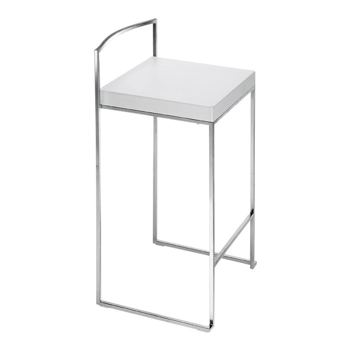 Modern white bar stool with a sleek chrome frame, featuring a minimalist design and clean lines.
