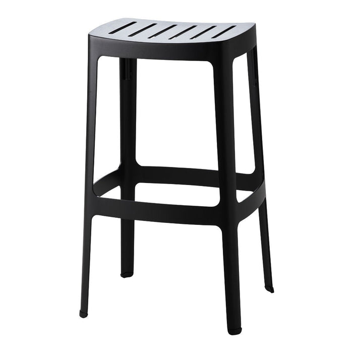 Black bar stool with a slatted seat design and sleek, modern lines perfect for contemporary decor.