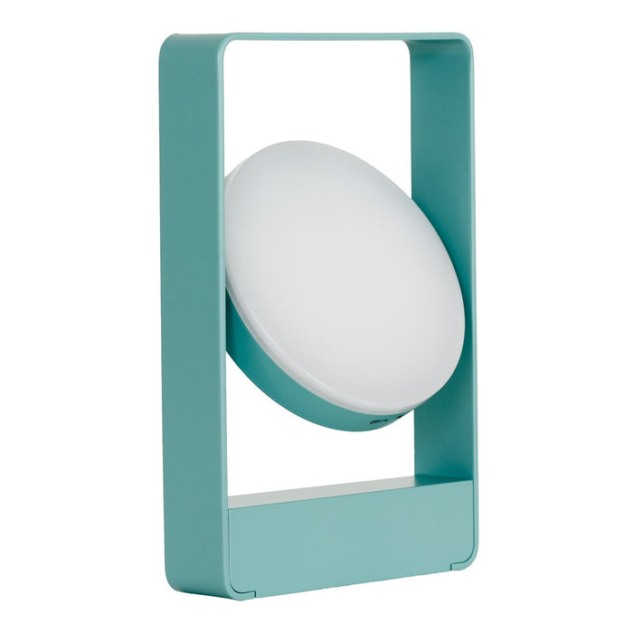 Teal metal frame with a round white lampshade, minimalist design, modern color contrast. Perfect for contemporary decor.