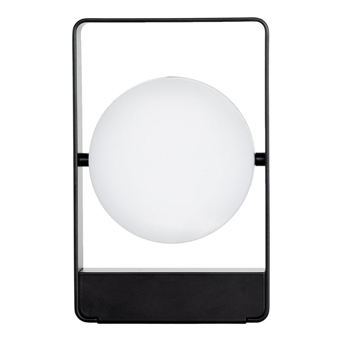 Black and white modern lamp with a round glass shade and sleek geometric frame. Perfect for contemporary decor.