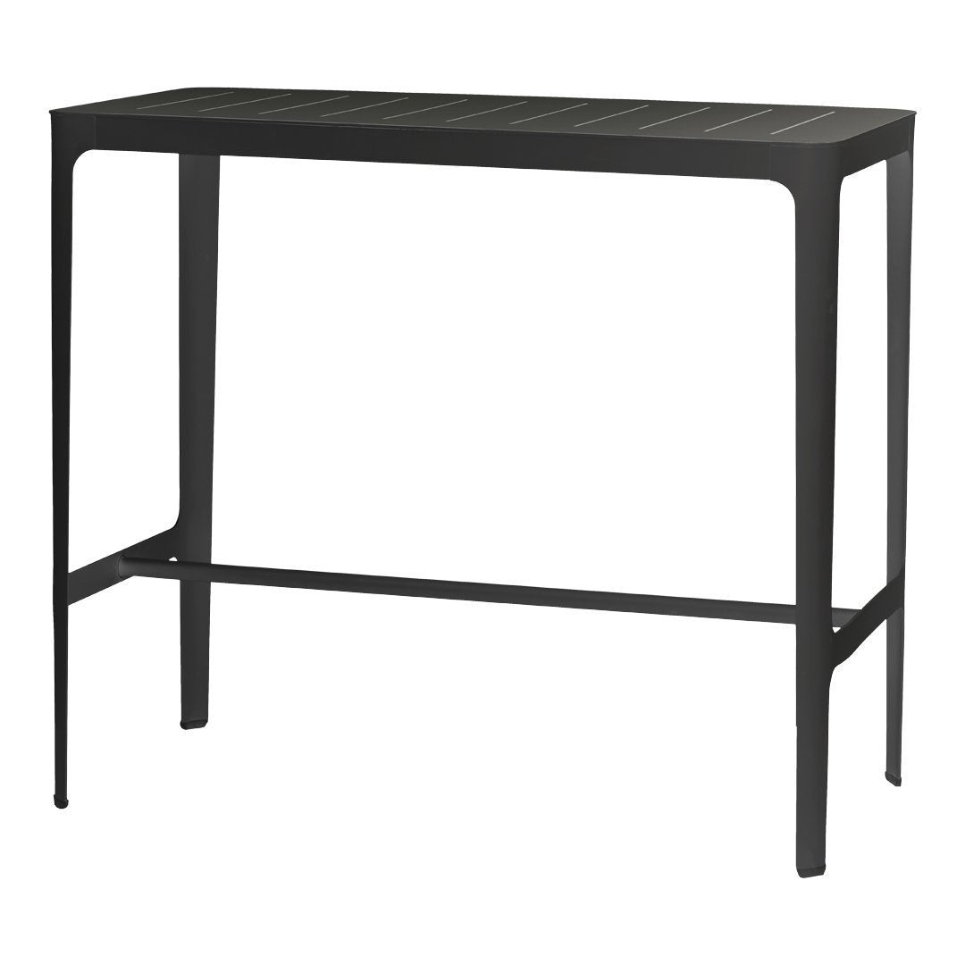 Sleek black metal bar table with a slatted top design, ideal for modern indoor or outdoor settings.