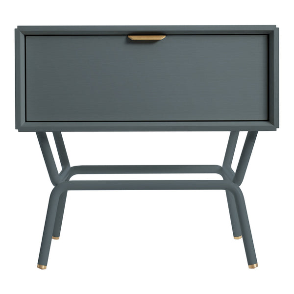 Gray nightstand with a sleek design, featuring a smooth finish and gold accents on legs and handle. Perfect modern addition.