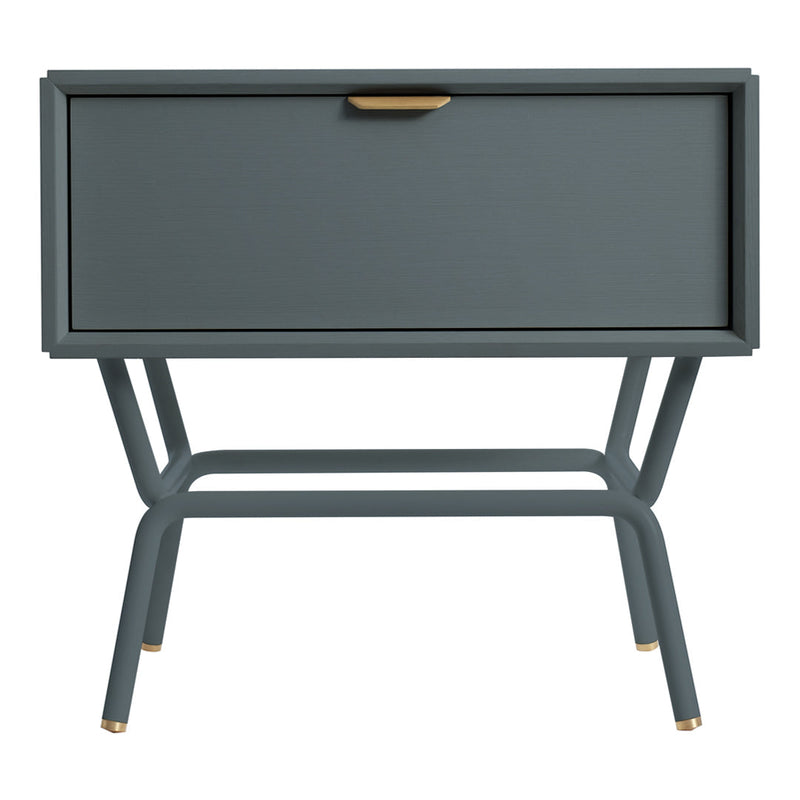 Gray nightstand with a sleek design, featuring a smooth finish and gold accents on legs and handle. Perfect modern addition.