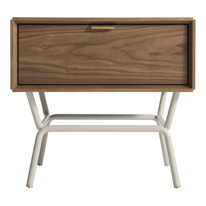 Walnut nightstand with a smooth wood finish and sleek white metal legs, accented by a gold handle.
