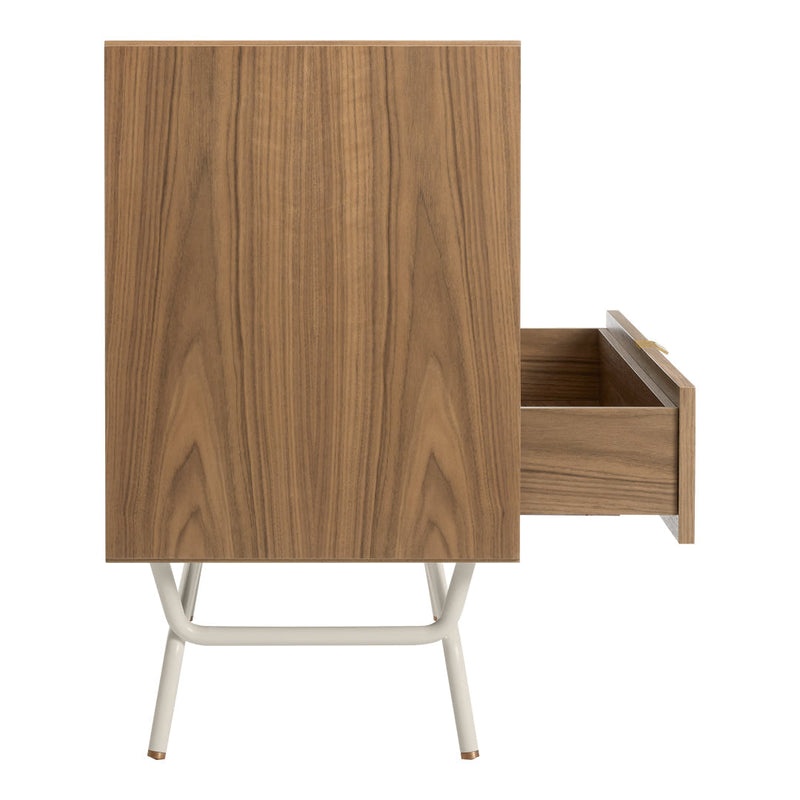 Wooden cabinet with a rich walnut finish and sleek white metal legs, featuring a minimalist design.