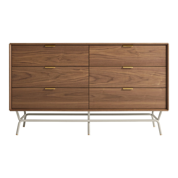 Walnut wood finish with smooth, clean lines and gold handles on a modern metal base. Elegant mid-century design.