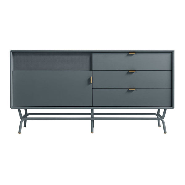 Stylish gray sideboard featuring smooth surfaces and ribbed texture, accented with gold-toned handles.