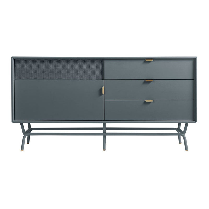 Stylish gray sideboard featuring smooth surfaces and ribbed texture, accented with gold-toned handles.