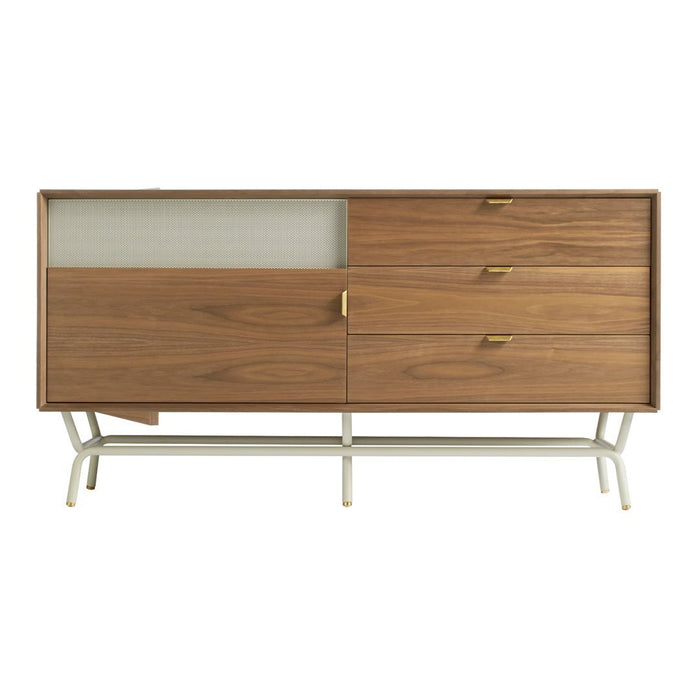 Mid-century modern sideboard featuring walnut wood finish and textured glass panel with sleek brass handles.