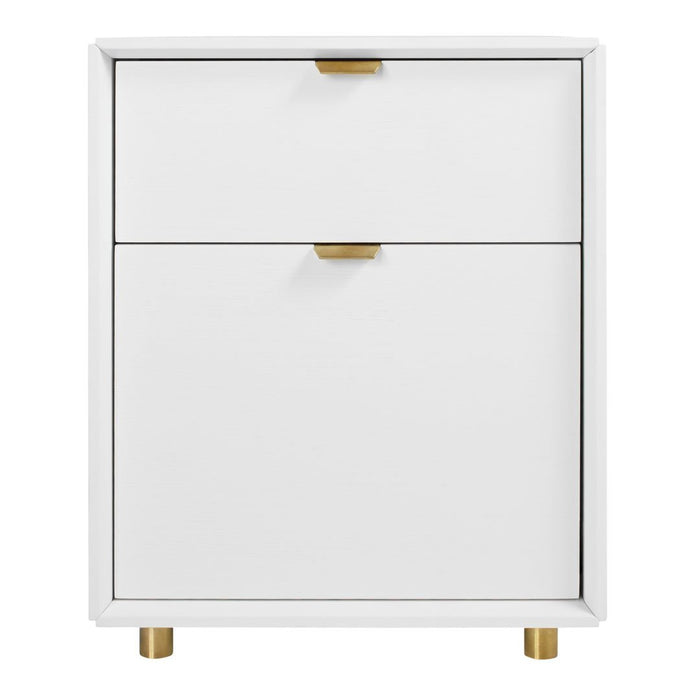 White bedside table with sleek design, featuring two drawers and gold metal handles and feet. Modern minimalist style.