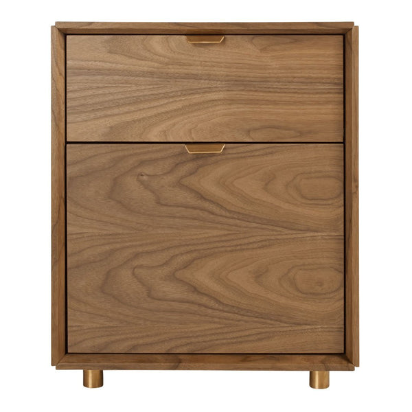 Wooden nightstand with a smooth walnut finish and sleek, modern gold accents. Simple, elegant design.