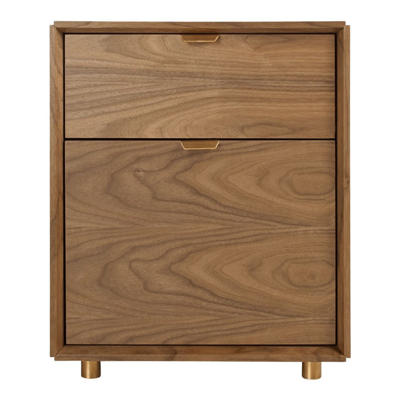 Wooden nightstand with a smooth walnut finish and sleek, modern gold accents. Simple, elegant design.
