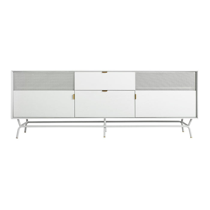 White modern sideboard with gray mesh patterns and gold knobs, featuring sleek lines and minimalist design.