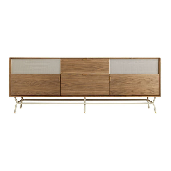 Wooden sideboard with a warm walnut finish and minimalist light mesh patterns on cabinet doors. Sleek gold metal legs.