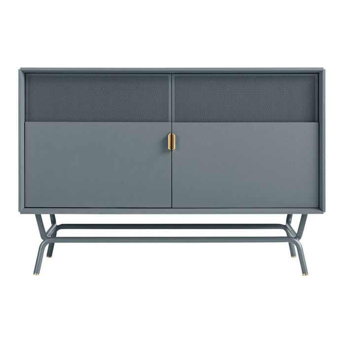 Modern grey sideboard with a sleek matte finish and gold accents, featuring a minimalist design and mesh-paneled doors.