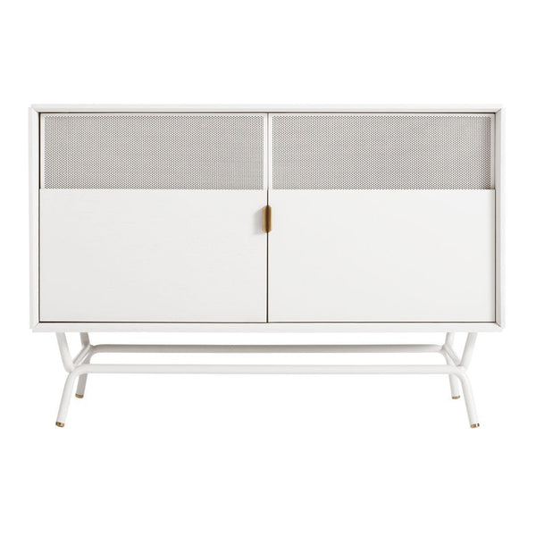 White mid-century modern cabinet with mesh panel doors and a sleek metal frame. Elegant and minimalist design.