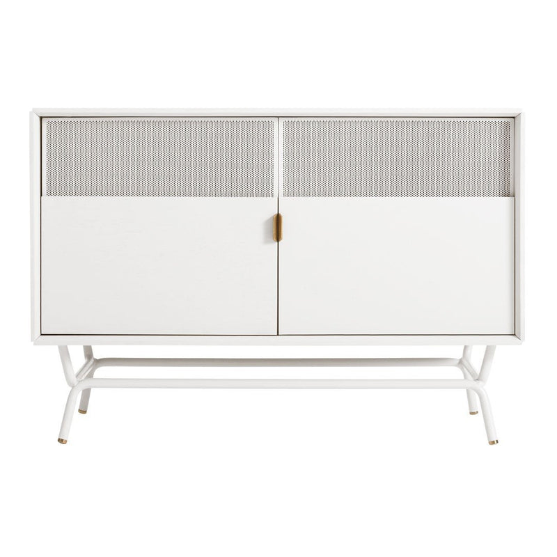 White mid-century modern cabinet with mesh panel doors and a sleek metal frame. Elegant and minimalist design.