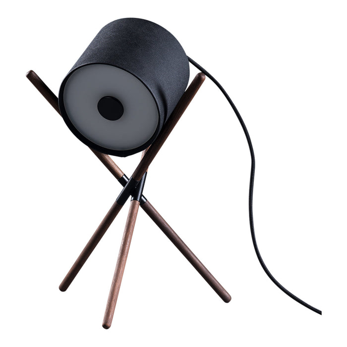 Modern black and white lamp with a round shade and wooden tripod base, perfect for contemporary decor.