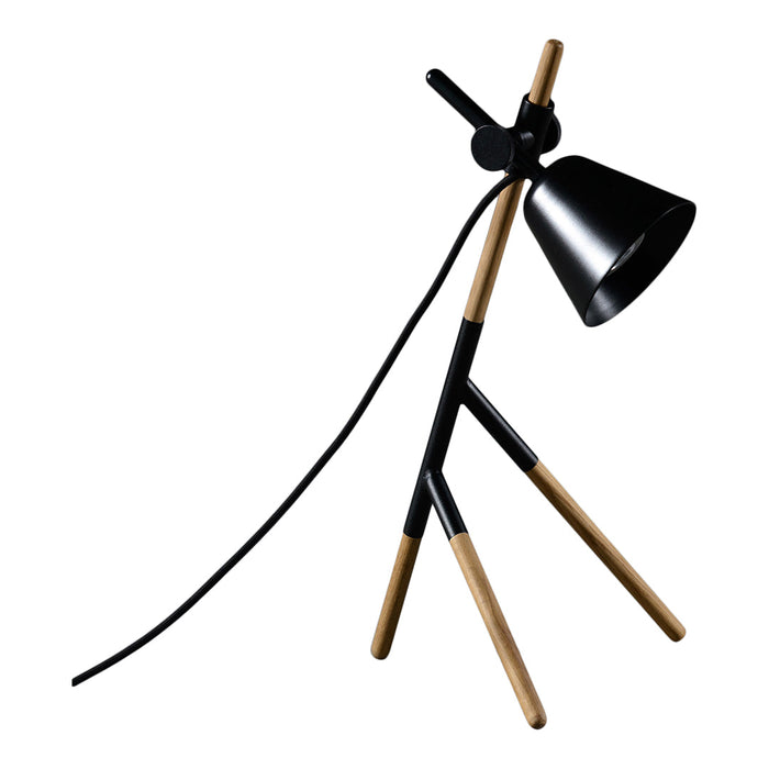 Modern tripod lamp in matte black and natural wood, featuring sleek lines and a minimalist design. 