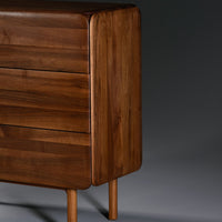 "Elegant brown wooden dresser with smooth, curved edges and subtle grain patterns, set against a gray background."