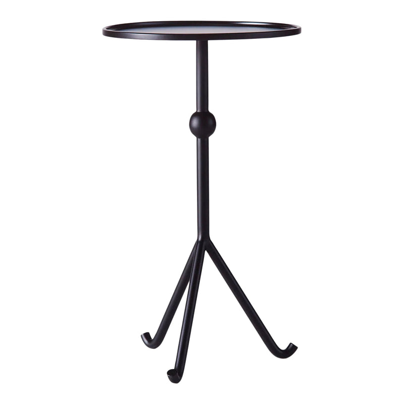 Sleek black metal side table with a round top and minimalist tripod base, perfect for modern decor.