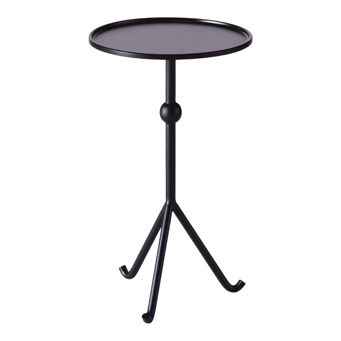 Black metal side table with a round tray top and minimalist design, featuring a sleek, matte finish.