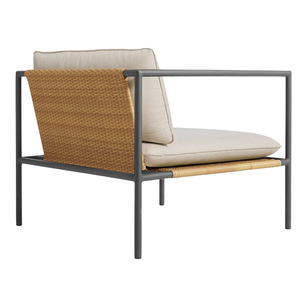 Modern chair featuring a neutral beige cushion, woven rattan back, and sleek black metal frame. Ideal for contemporary spaces.