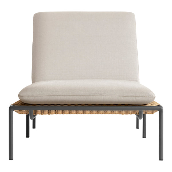 Light beige cushioned chair with a woven rattan seat and sleek black metal frame. Modern minimalist design.