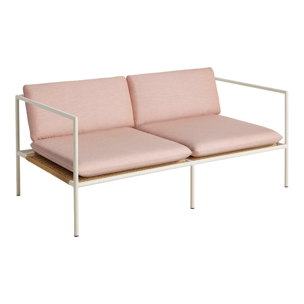 Soft pink cushions with a minimalistic white metal frame, featuring clean lines and a simple design.