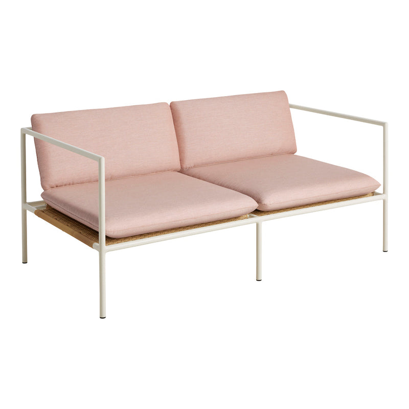 Soft pink cushions with a minimalistic white metal frame, featuring clean lines and a simple design.