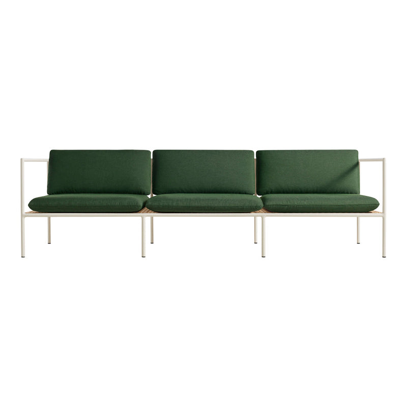 Modern green sofa with sleek lines and a minimalist white frame. Perfect for contemporary decor.