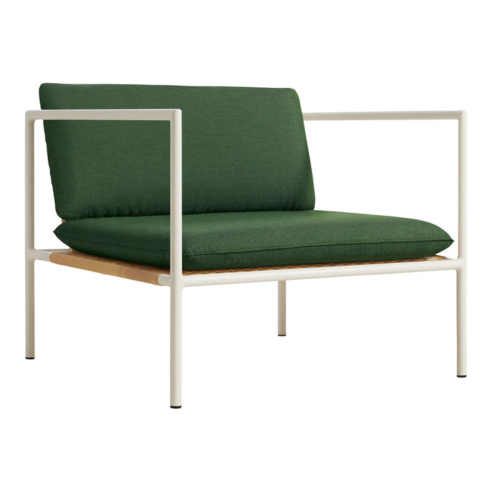 Green cushion armchair with a modern white metal frame and wooden base, perfect for contemporary decor.