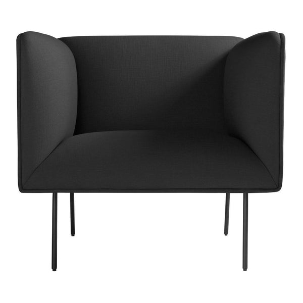 Sleek modern chair in solid black with a minimalist design and no patterns, featuring clean lines and slim legs.