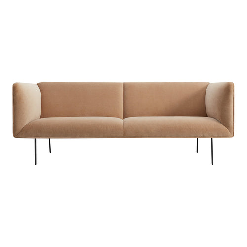 Beige upholstered sofa with a sleek, minimalistic design and black metal legs. Perfect for modern interiors.