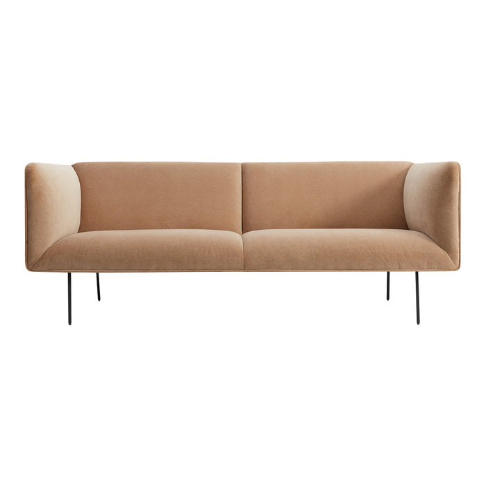 Beige upholstered sofa with a sleek, minimalistic design and black metal legs. Perfect for modern interiors.